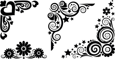 Decorative floral and swirl corner design elements with hearts stars and flowers vector illustration