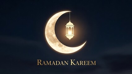 Ramadan Kareem celebration with crescent moon and lantern in night sky
