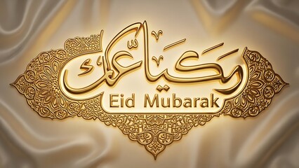 Eid Mubarak celebration with intricate Arabic calligraphy on a luxurious golden background with elegant fabric