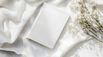 Flat Lay of Blank Open Book with Flowers