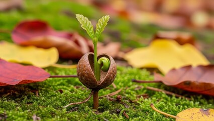 Tiny Oak Sapling Sprouts from Acorn on Mossy Forest Floor.