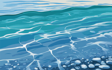 Highly detailed vector illustration of shallow turquoise sea water with sunbeam caustics, ripple shadows, sandy bottom, shells, and serene coastal mood.