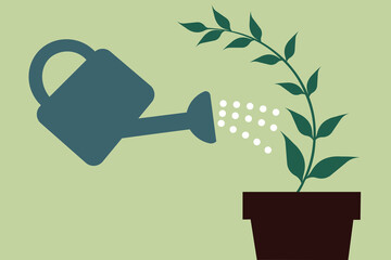Watering Can Nurturing Young Plant Growth, Gardening Concept, Floral Design Element