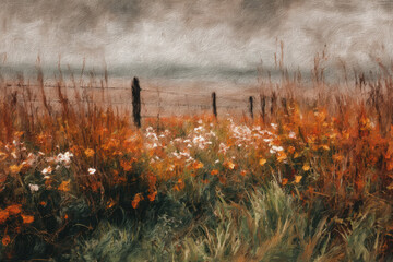 Impressionist style oil painting of flower meadow and rural landscape. Impasto painting. Brush strokes clearly visible