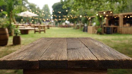 Rustic wooden table in foreground with blurred outdoor market or garden party background, natural daylight atmosphere suitable for displaying food, drinks, products and lifestyle branding concepts