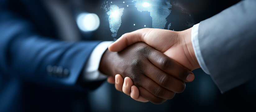 Faceless handshake symbolizing partnership heavily defocused global business environment background anonymous professionals with international collaboration corporate agreement