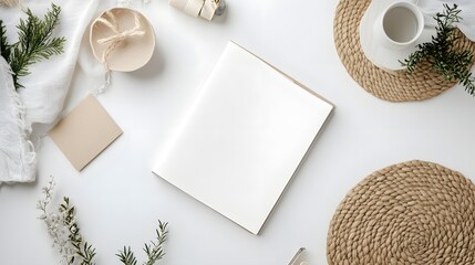 Flat Lay of Blank Open Book with Flowers and Coffee