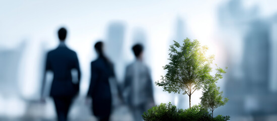 Corporate environment and sustainability compilation heavily defocused various office and natural backgrounds faceless professionals with environmental initiatives green