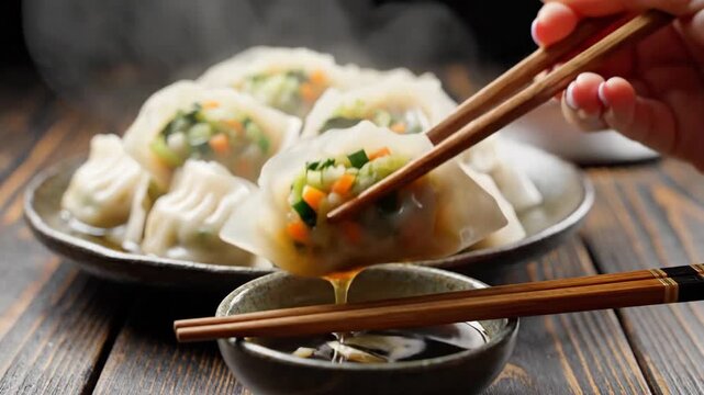 Steaming dumplings on plate with chopsticks close up