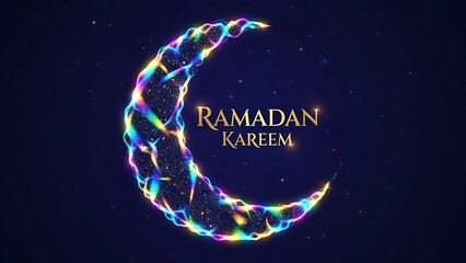 A Ramadan Kareem greeting card features a colorful crescent moon on a dark night background with stars