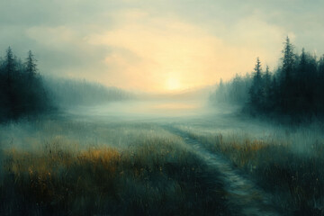 Semi-Abstract Landscape with Distant Horizon and Path Through Golden Grassland