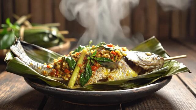 Steaming food wrapped in green leaves on a wooden surface overhead shot