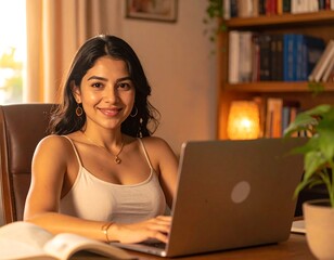 Woman smiles while working on laptop, cozy light in the background