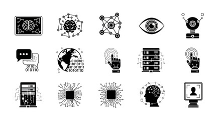 Modern AI technology icons for business solutions, showcasing brain simulations, data networks, and cutting-edge machine learning advancements, for digital transformation