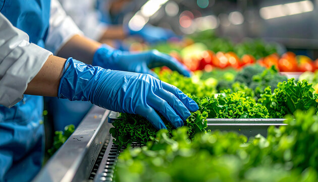 Hands-on Harvest: Focused on food production, gloved hands carefully handling fresh, vibrant produce in a modern food processing facility. a testament to food safety and sustainable agriculture.
