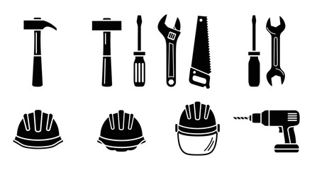 Obraz premium Essential construction and DIY tools collection including hammers, screwdrivers, wrenches, saws, hard hats, and drills for projects