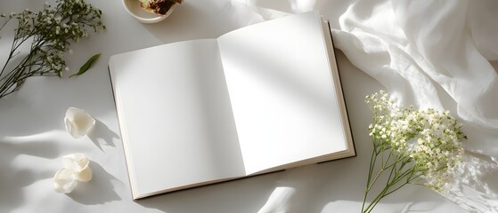 Flat Lay of Blank Open Book with Flowers and Coffee