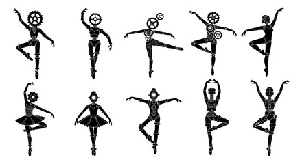 Captivating steampunk ballerinas elegantly posing in dynamic ballet stances, a blend of vintage industrial and graceful movement © MUHRODIN
