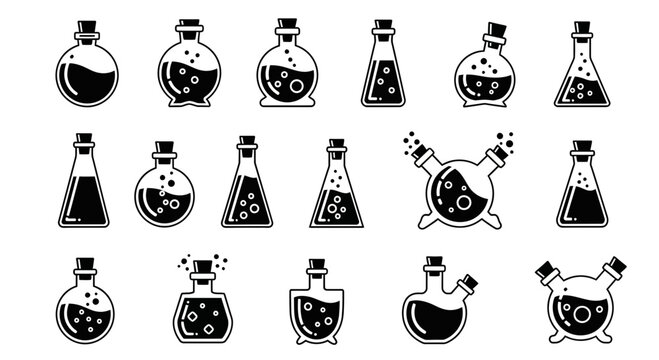 Diverse collection of science and chemistry laboratory flasks and vials with bubbling liquids for research and experimentation themes