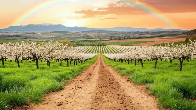 Blossoming orchard path at sunset with rainbow