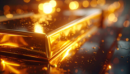 Golden Bar: A close-up view of a lustrous golden bar shimmering with radiant light, signifying wealth and prosperity.