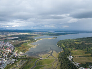 Obraz premium Aerial view of the Orava Dam in the town of Namestovo, Slovakia