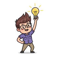 Cartoon Man Holding Bright Light Bulb.