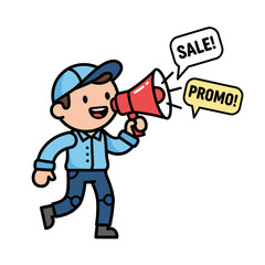 Cartoon Man Holding Red Megaphone Announcing Sale.