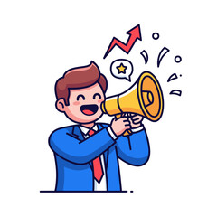 Cartoon Man Shouting Through Megaphone Loudly.