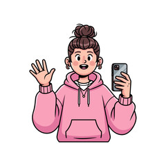 Cartoon Woman Waving with Smartphone.