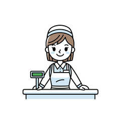 Female Cashier Standing Behind Counter.