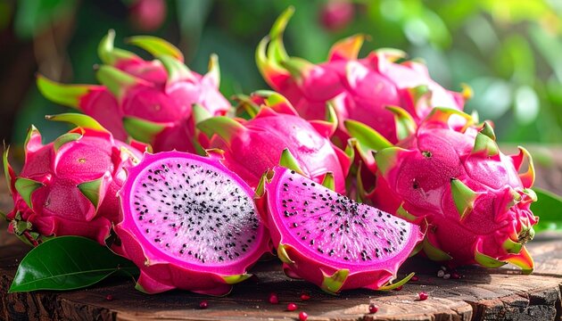 Vibrant pink dragon fruits with green scales arranged on wooden surface surrounded by leafy foliage