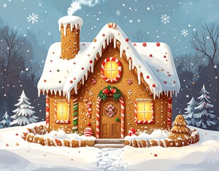 Whimsical gingerbread house in a snowy landscape