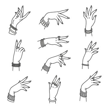 Various Hand Positions and Gestures With Rings Bracelets and Watch in Black and White Line Art Illustration.png