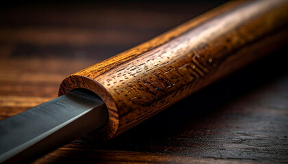 Craftsman's Elegance: A close-up showcases a meticulously crafted chisel, its polished wooden handle set against a rich, dark wooden surface. The sharp steel blade reflects the light.