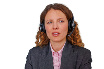 Woman wearing a headset, actively engaged in a call, providing customer service and support, isolated on transparent background