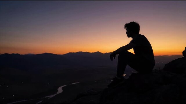 Eli sits quietly in fading glow on mountain peak at sunset