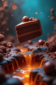 Pastel de chocolate que desaf&iacute;a la gravedad, cascadas de chocolate l&iacute;quido, capas brillantes, paisaje de postre surrealista, colores ultra saturados