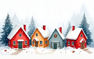 Christmas houses winter snow watercolor texture set clip art white red blue New Year holidays Thanksgiving 2026 2027 children template greeting card. High quality