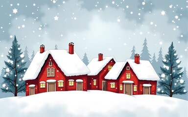 Christmas houses winter snow watercolor texture set clip art white red blue New Year holidays Thanksgiving 2026 2027 children template greeting card. High quality