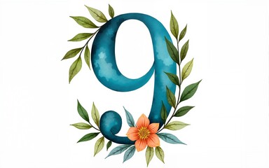 Vintage watercolor illustration of the number 9 in the trendy 2026 colors of vibrant turquoise and luminous blue, with floral elements and a Christmas motif, on a crisp white background. High quality