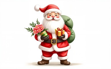 Cute Santa Claus in watercolor holding flowers and gifts, standing isolated on a white background. Ideal for Christmas cards and festive decorations 2026 - 2027. High quality