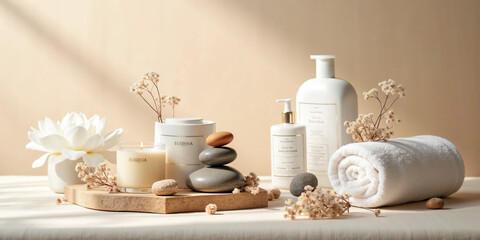 Luxury Spa Still Life with White Towels, Aromatherapy Candle, Volcanic Stones, and Dried Botanicals in a Calm Wellness Setting