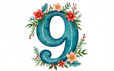 Vintage watercolor illustration of the number 9 in the trendy 2026 colors of vibrant turquoise and luminous blue, with floral elements and a Christmas motif, on a crisp white background. High quality