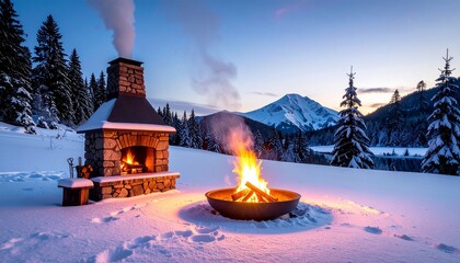 Cozy winter scene with lit fireplace and smoking fire pit on snowy ground under dusky sky