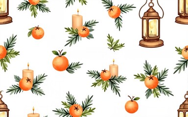 Hand drawn Christmas seamless pattern featuring a vintage lantern, candles, tangerines, and fir branches. Watercolor illustration. High quality
