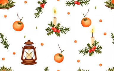 Hand drawn Christmas seamless pattern featuring a vintage lantern, candles, tangerines, and fir branches. Watercolor illustration. High quality