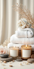 Luxury Spa Still Life with White Towels, Aromatherapy Candle, Volcanic Stones, and Dried Botanicals in a Calm Wellness Setting