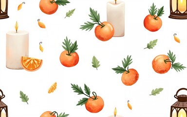 Hand drawn Christmas seamless pattern featuring a vintage lantern, candles, tangerines, and fir branches. Watercolor illustration. High quality