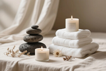 Luxury Spa Still Life with White Towels, Aromatherapy Candle, Volcanic Stones, and Dried Botanicals in a Calm Wellness Setting